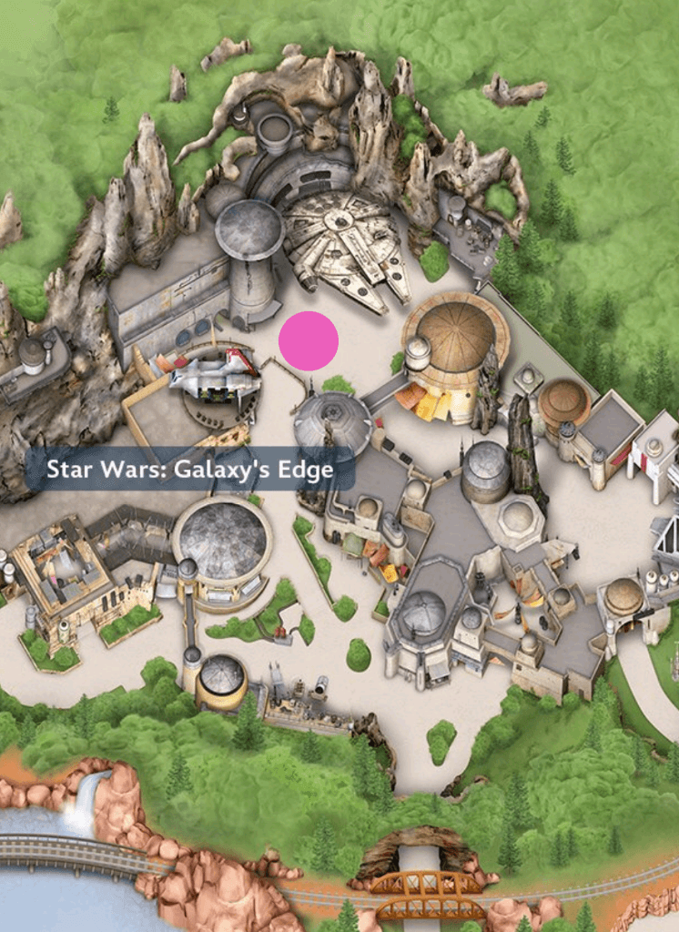 Map showing the fireworks viewing spot inside Star Wars: Galaxy's Edge at Disneyland